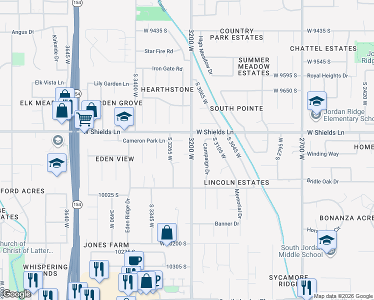 map of restaurants, bars, coffee shops, grocery stores, and more near 3216 Cameron Court in South Jordan