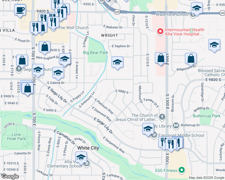 map of restaurants, bars, coffee shops, grocery stores, and more near 1041 Cobalt Lane in Sandy