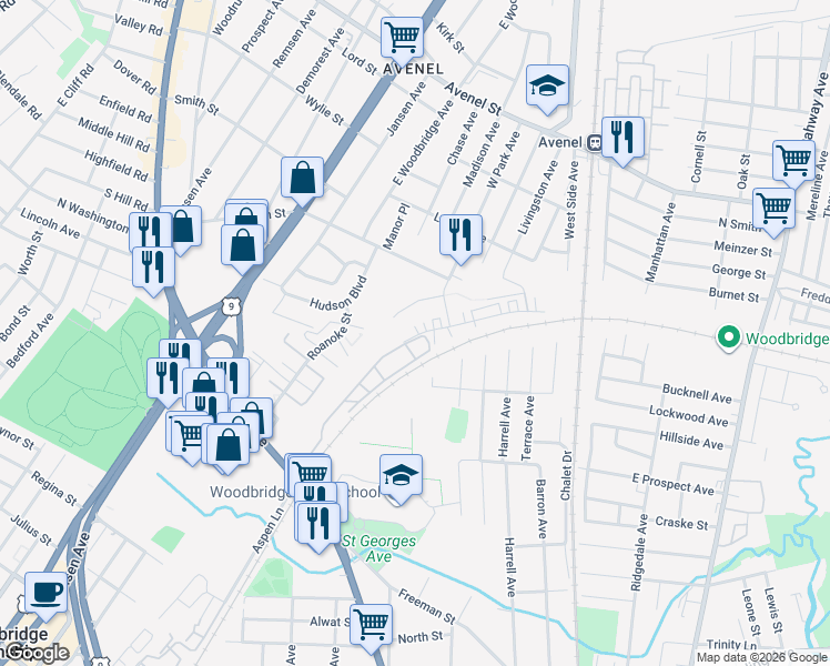 map of restaurants, bars, coffee shops, grocery stores, and more near 2 Madaline Drive in Woodbridge Township