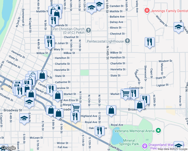 map of restaurants, bars, coffee shops, grocery stores, and more near 1214 State Street in Pekin