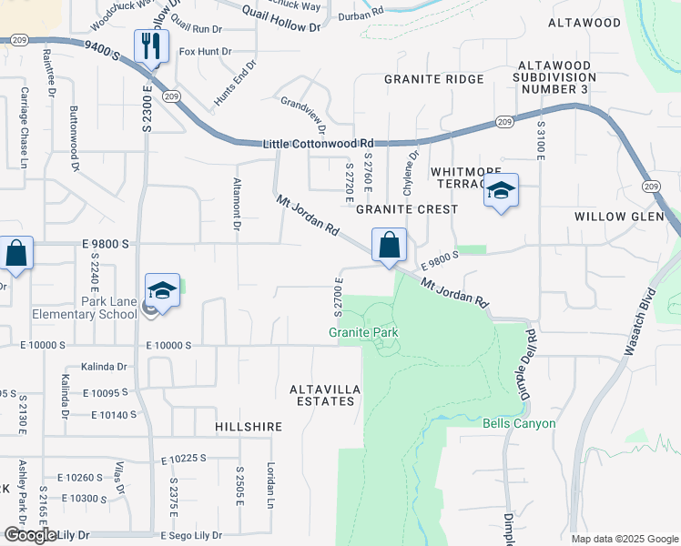 map of restaurants, bars, coffee shops, grocery stores, and more near 1855 South 2700 East in Sandy