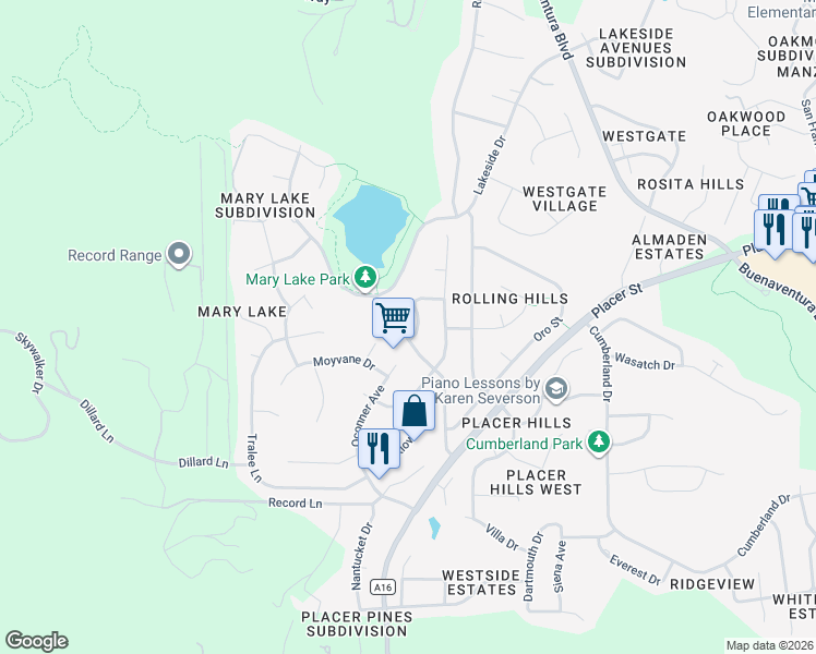 map of restaurants, bars, coffee shops, grocery stores, and more near 1777 Mary Lake Drive in Redding