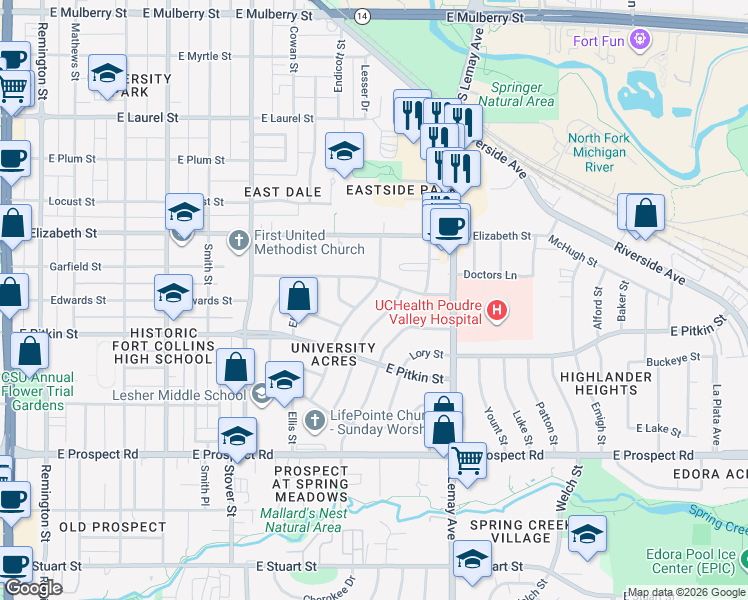 map of restaurants, bars, coffee shops, grocery stores, and more near 1112 Morgan Street in Fort Collins