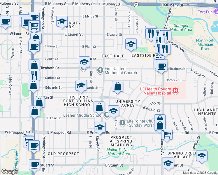map of restaurants, bars, coffee shops, grocery stores, and more near 1201 Newsom Street in Fort Collins