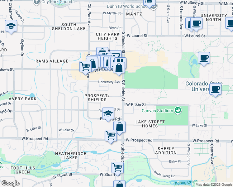 map of restaurants, bars, coffee shops, grocery stores, and more near 1204 Westward Drive in Fort Collins