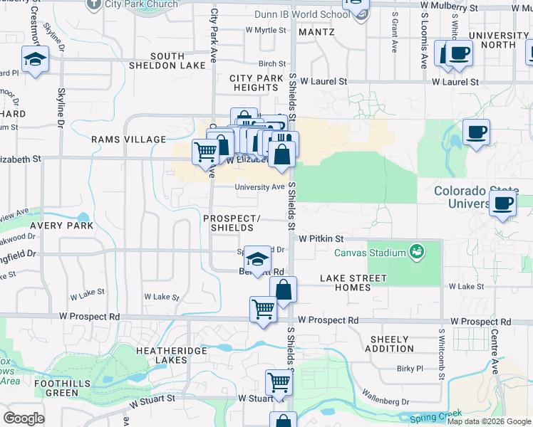 map of restaurants, bars, coffee shops, grocery stores, and more near 1204 Westward Drive in Fort Collins