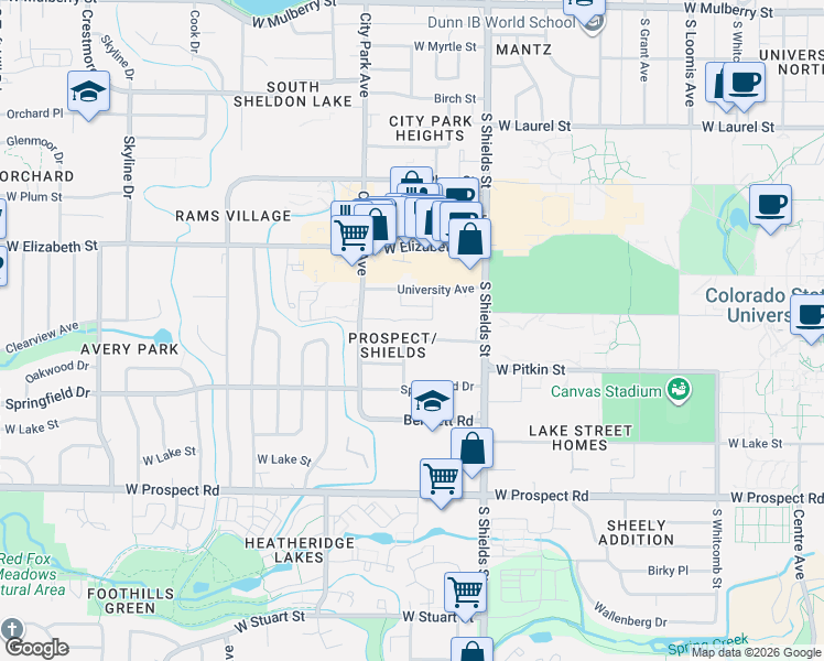 map of restaurants, bars, coffee shops, grocery stores, and more near 1228 Westward Drive in Fort Collins