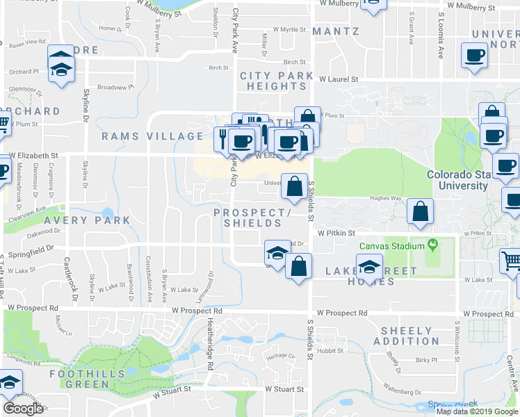 map of restaurants, bars, coffee shops, grocery stores, and more near 1228 Westward Drive in Fort Collins