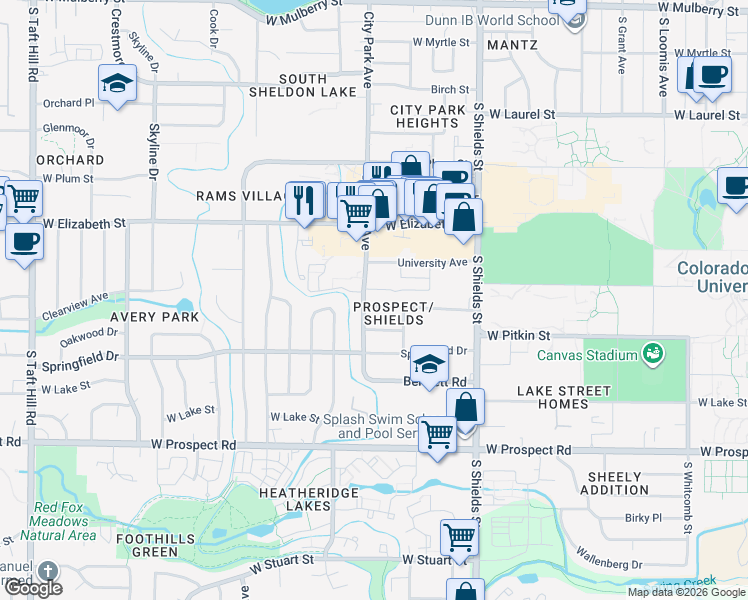 map of restaurants, bars, coffee shops, grocery stores, and more near 1320 Westward Drive in Fort Collins