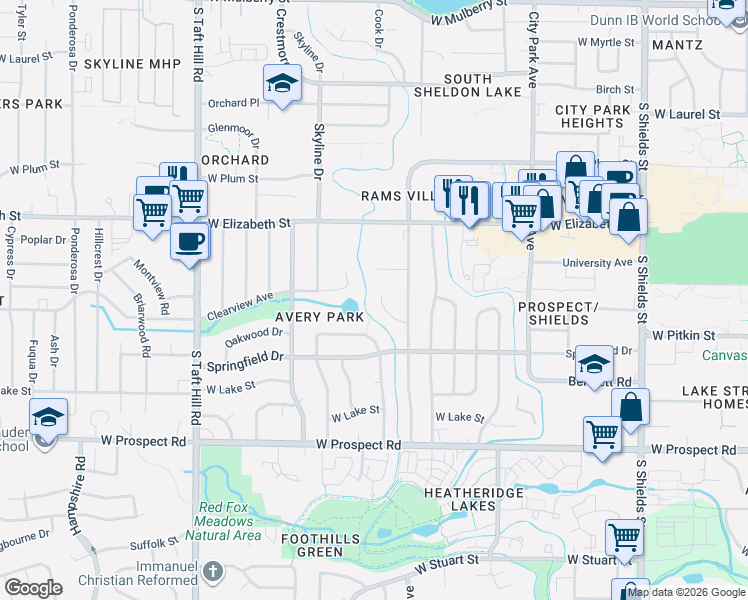map of restaurants, bars, coffee shops, grocery stores, and more near 1701-1799 Clearview Court in Fort Collins