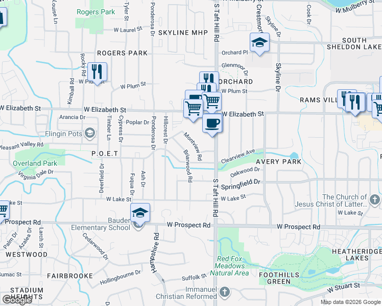 map of restaurants, bars, coffee shops, grocery stores, and more near 1064 Briarwood Road in Fort Collins