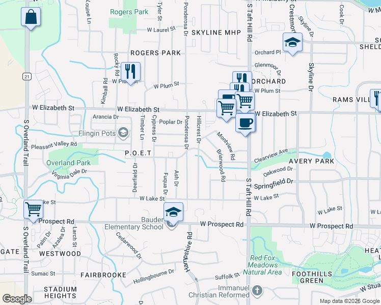 map of restaurants, bars, coffee shops, grocery stores, and more near 1102 Ponderosa Drive in Fort Collins