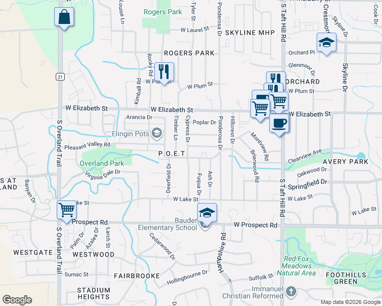 map of restaurants, bars, coffee shops, grocery stores, and more near 2432 Clearview Avenue in Fort Collins
