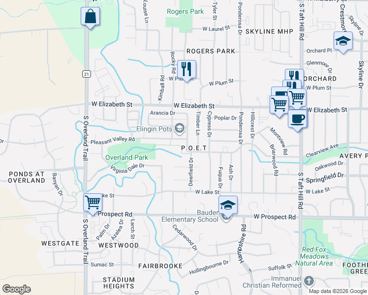 map of restaurants, bars, coffee shops, grocery stores, and more near 2615 Pleasant Valley Road in Fort Collins