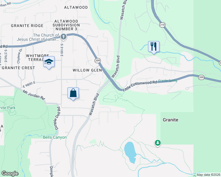 map of restaurants, bars, coffee shops, grocery stores, and more near 3384 Little Cottonwood Road in Sandy