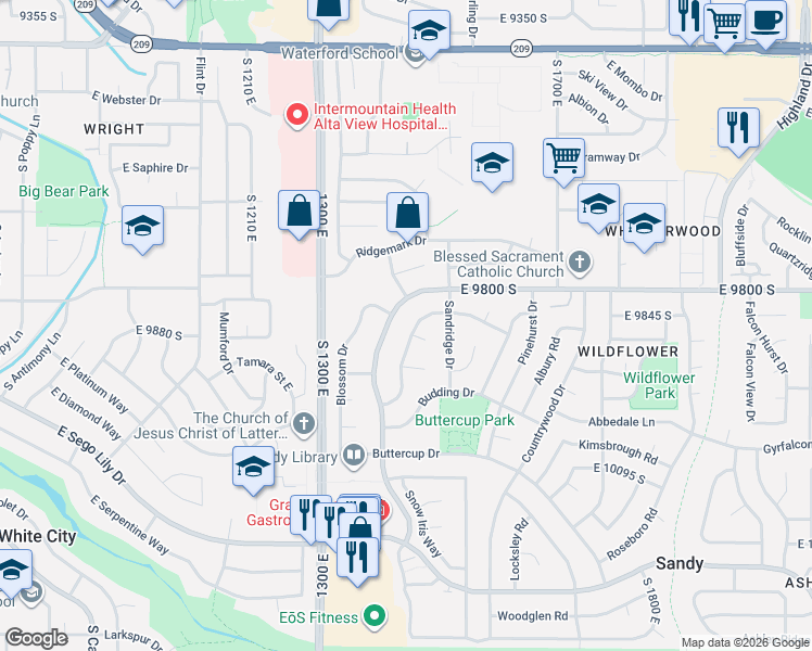 map of restaurants, bars, coffee shops, grocery stores, and more near 9865 South 1410 East in Sandy