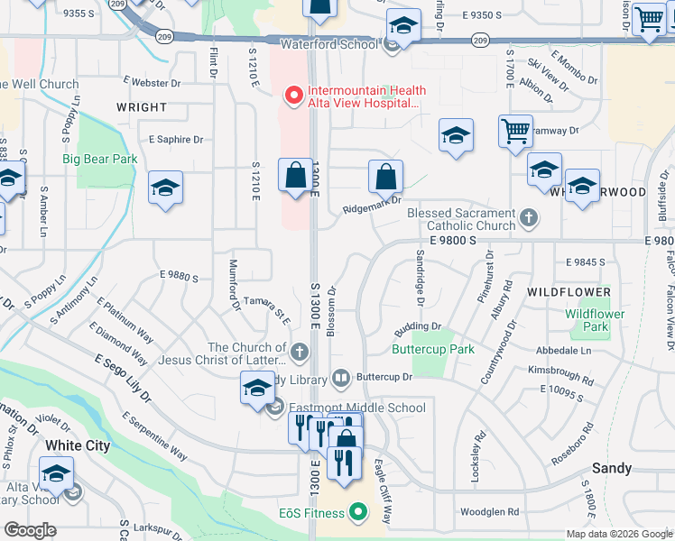 map of restaurants, bars, coffee shops, grocery stores, and more near 9872 Blossom Drive in Sandy