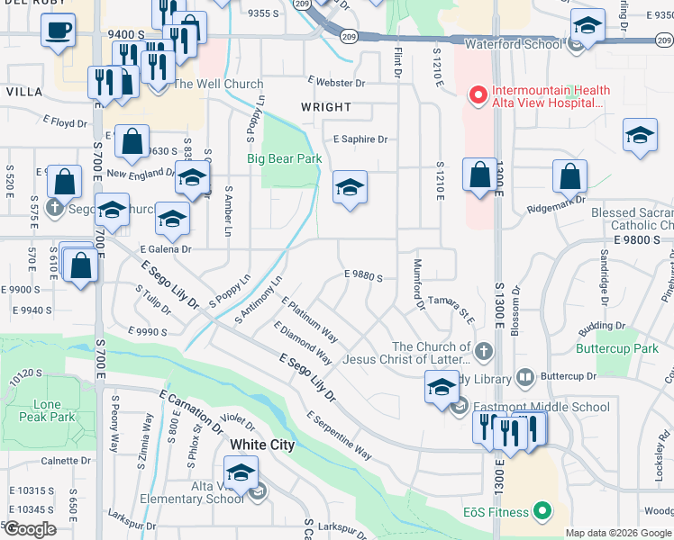 map of restaurants, bars, coffee shops, grocery stores, and more near 1041 Cobalt Lane in Sandy