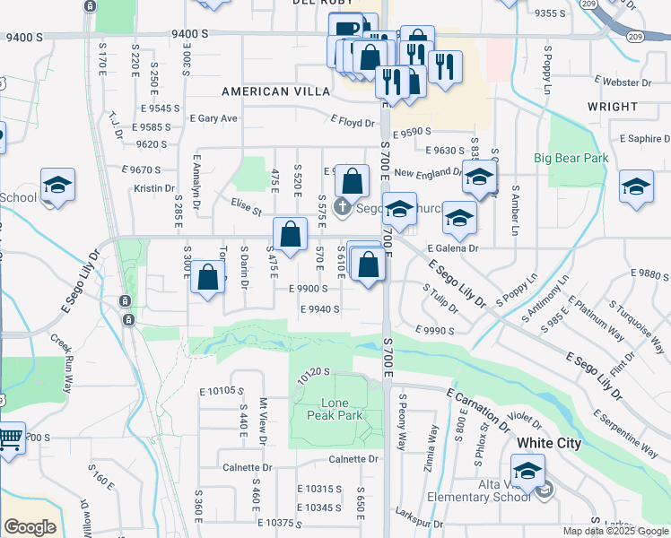 map of restaurants, bars, coffee shops, grocery stores, and more near 9868 South 610 East in Sandy