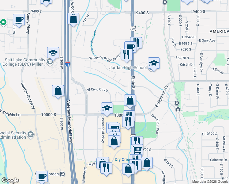 map of restaurants, bars, coffee shops, grocery stores, and more near 9884 Evening Moon Way in Sandy