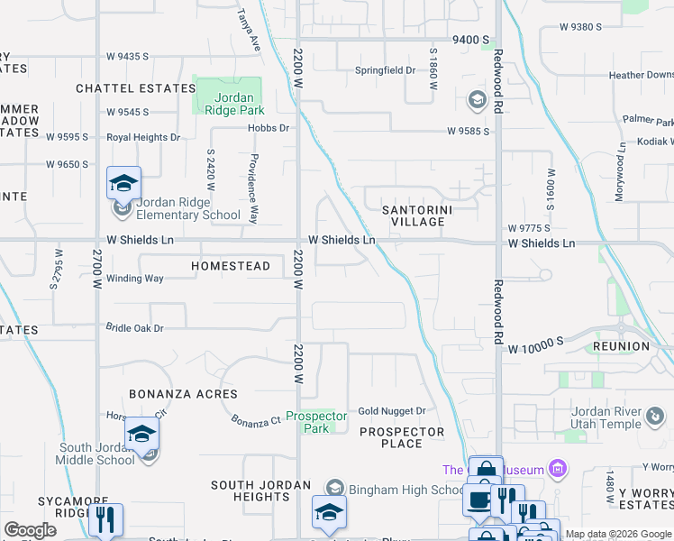 map of restaurants, bars, coffee shops, grocery stores, and more near 2101 West Spruce Creek Lane in South Jordan