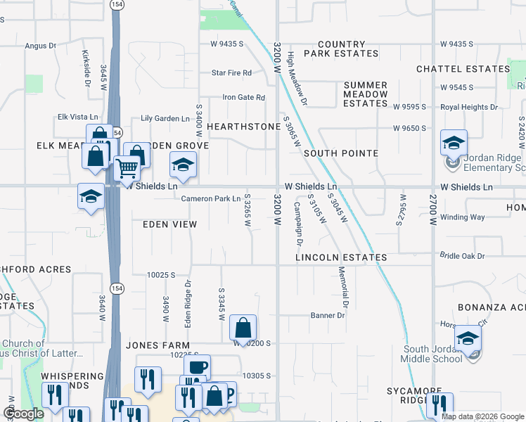 map of restaurants, bars, coffee shops, grocery stores, and more near 3216 Cameron Court in South Jordan