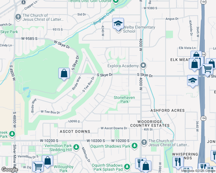 map of restaurants, bars, coffee shops, grocery stores, and more near 9870 Yorkshire Drive in South Jordan