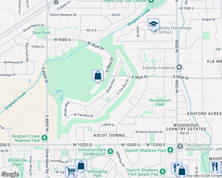 map of restaurants, bars, coffee shops, grocery stores, and more near 9863 Birdie Way in South Jordan