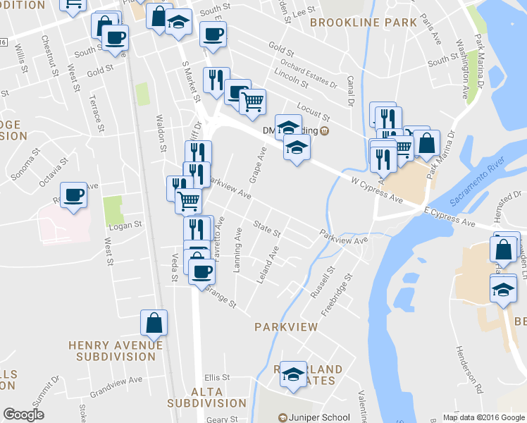 map of restaurants, bars, coffee shops, grocery stores, and more near 905 Parkview Avenue in Redding