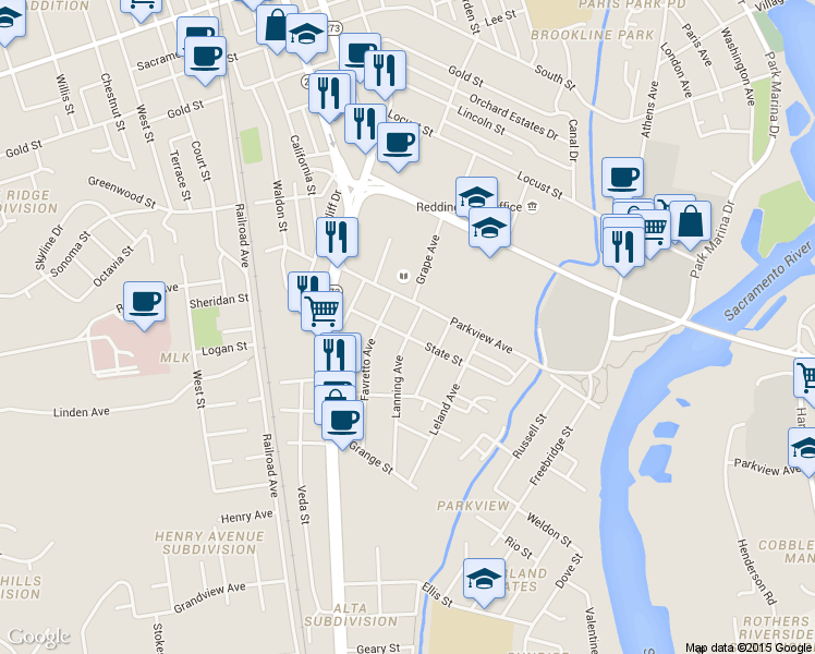 map of restaurants, bars, coffee shops, grocery stores, and more near 2556 Lanning Avenue in Redding