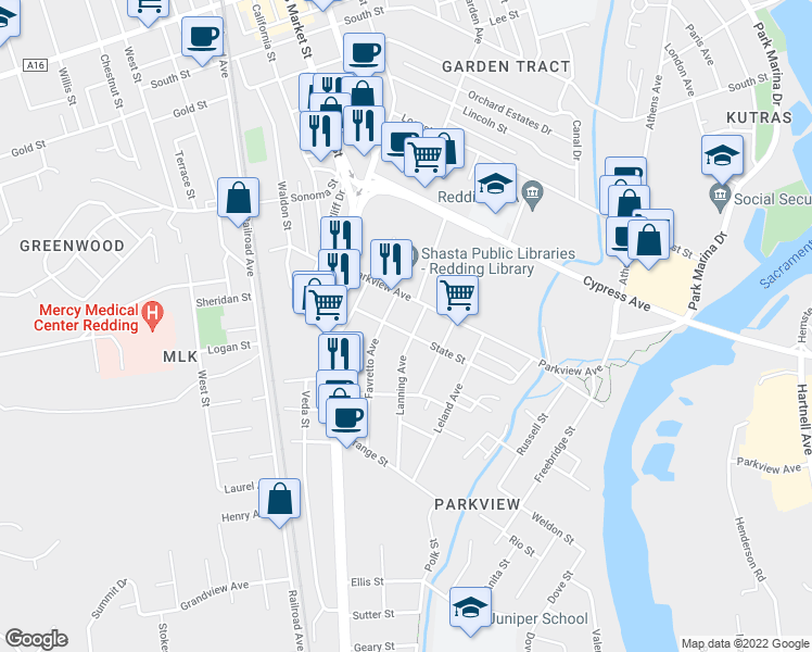 map of restaurants, bars, coffee shops, grocery stores, and more near 2556 Lanning Avenue in Redding