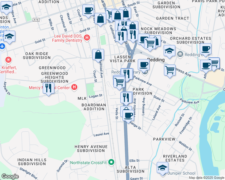 map of restaurants, bars, coffee shops, grocery stores, and more near 2700 South Market Street in Redding
