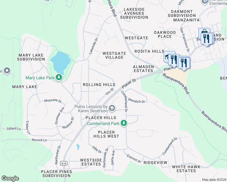map of restaurants, bars, coffee shops, grocery stores, and more near 3949 Oro Street in Redding