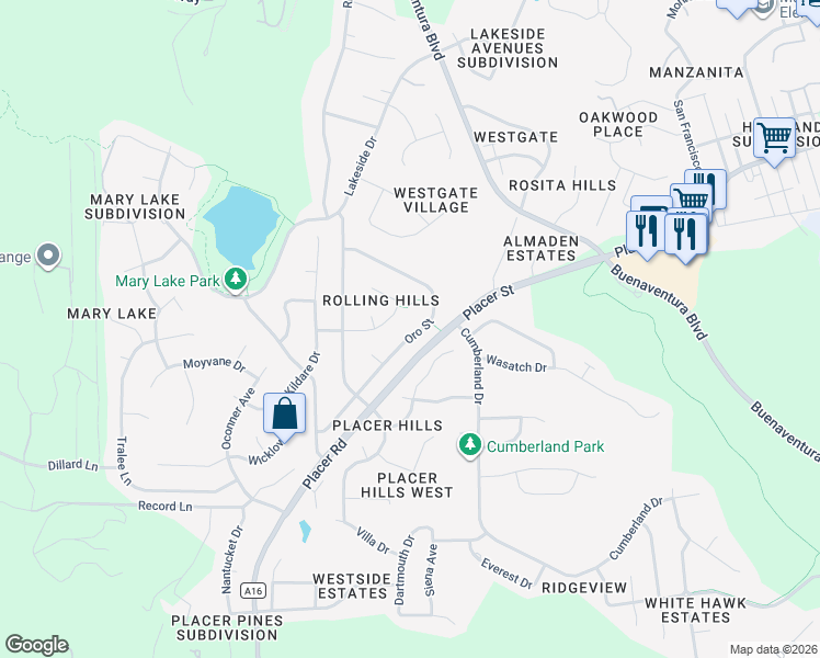 map of restaurants, bars, coffee shops, grocery stores, and more near 4055 Travona Street in Redding