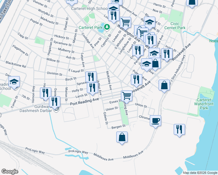 map of restaurants, bars, coffee shops, grocery stores, and more near 27 Larch Street in Carteret