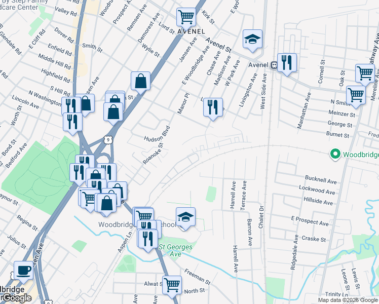 map of restaurants, bars, coffee shops, grocery stores, and more near 2 Madaline Drive in Woodbridge Township