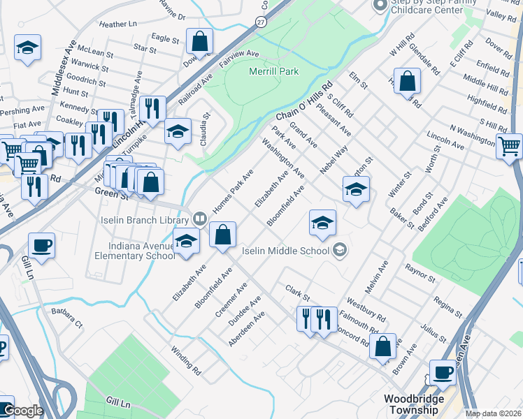 map of restaurants, bars, coffee shops, grocery stores, and more near 1032 Woodruff Street in Woodbridge Township