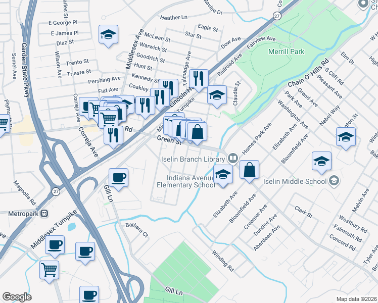map of restaurants, bars, coffee shops, grocery stores, and more near 198 Elmhurst Avenue in Woodbridge Township