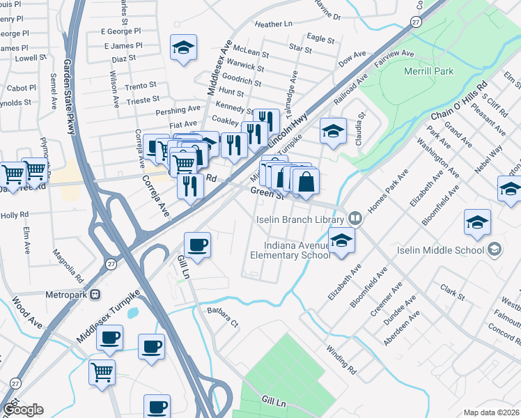 map of restaurants, bars, coffee shops, grocery stores, and more near 191 Ridgeley Avenue in Woodbridge Township