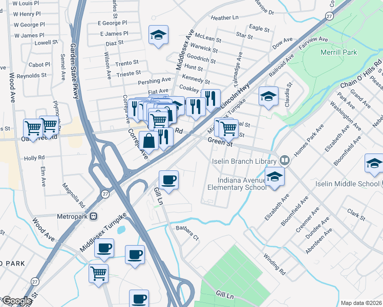 map of restaurants, bars, coffee shops, grocery stores, and more near 266 Middlesex Turnpike in Woodbridge Township