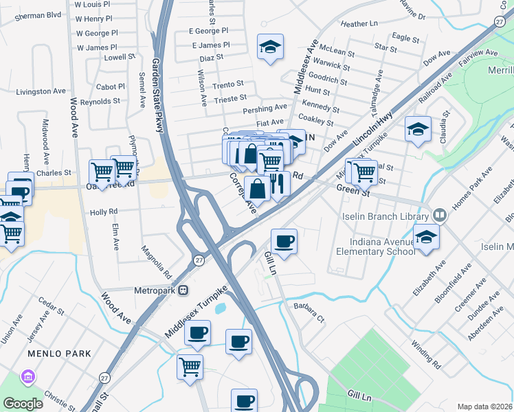 map of restaurants, bars, coffee shops, grocery stores, and more near 22 Correja Avenue in Woodbridge Township