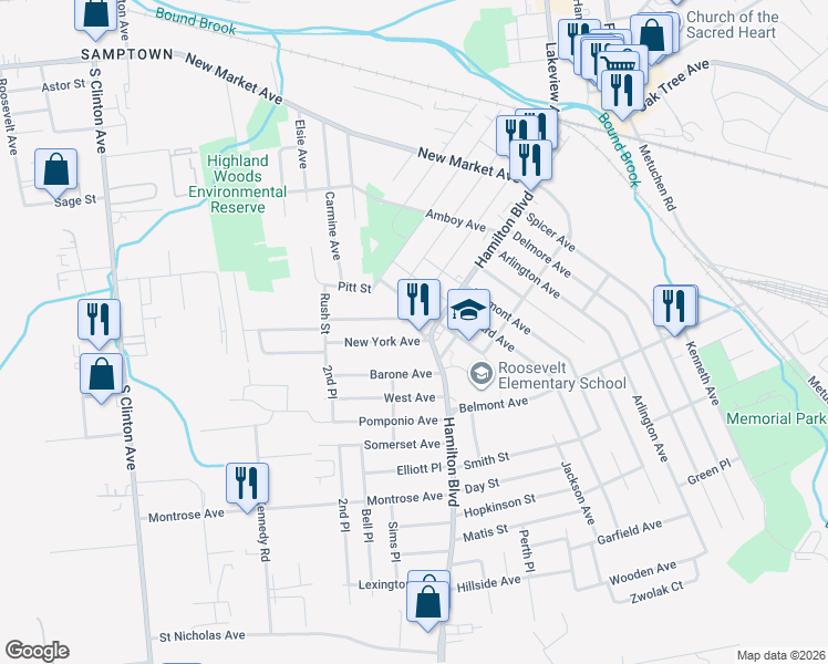 map of restaurants, bars, coffee shops, grocery stores, and more near 114 New York Avenue in South Plainfield