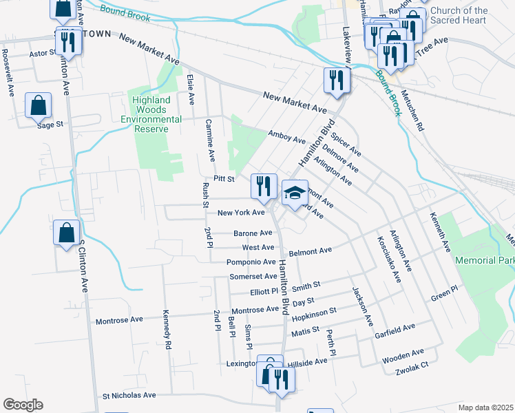 map of restaurants, bars, coffee shops, grocery stores, and more near 114 New York Avenue in South Plainfield