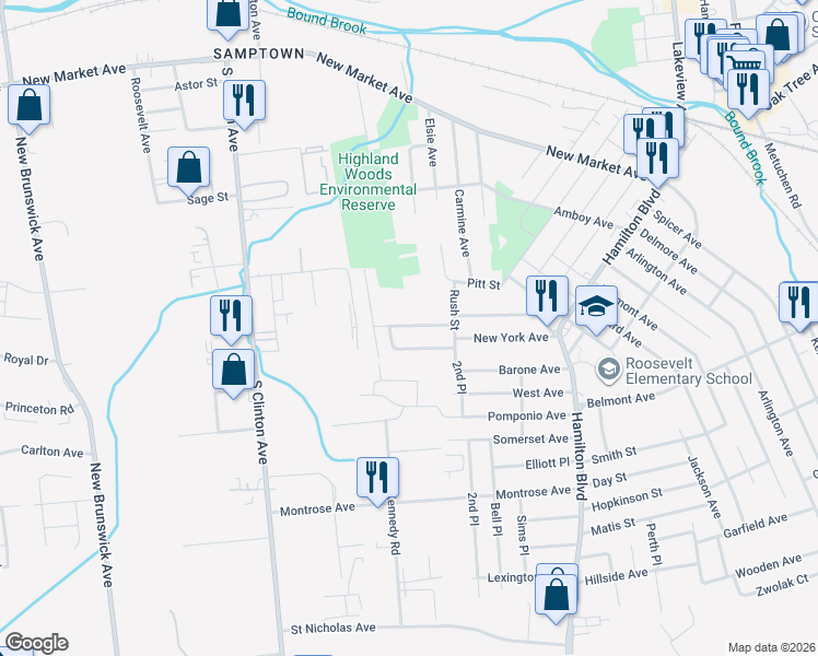 map of restaurants, bars, coffee shops, grocery stores, and more near 221 Woolworth Avenue in South Plainfield