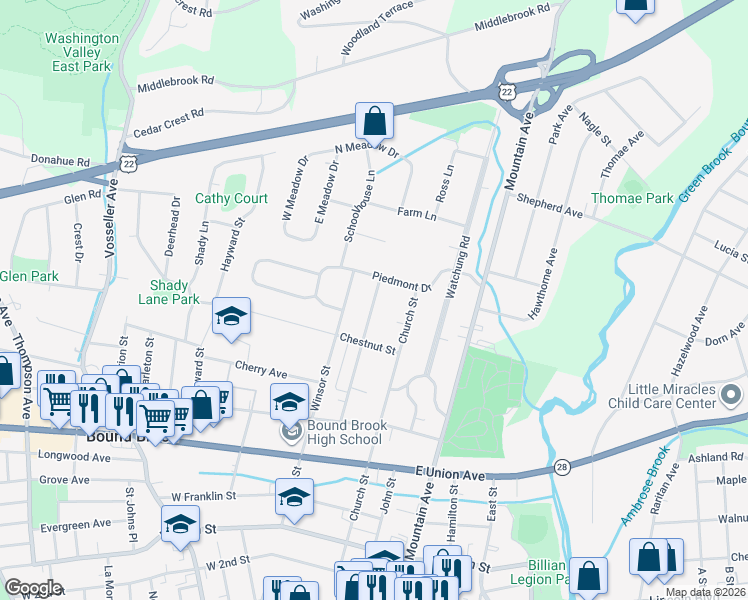 map of restaurants, bars, coffee shops, grocery stores, and more near 631 Central Avenue in Bound Brook