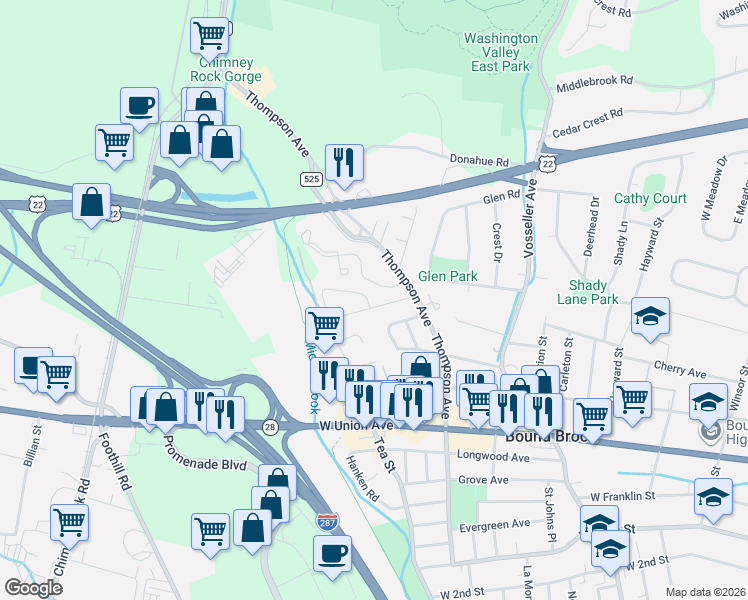 map of restaurants, bars, coffee shops, grocery stores, and more near 701 Lawrence Road in Bound Brook