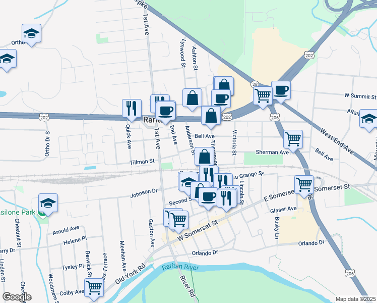 map of restaurants, bars, coffee shops, grocery stores, and more near 80 Anderson Street in Raritan