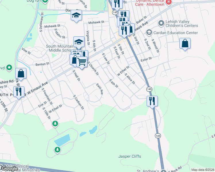 map of restaurants, bars, coffee shops, grocery stores, and more near 2466 South Church Street in Allentown