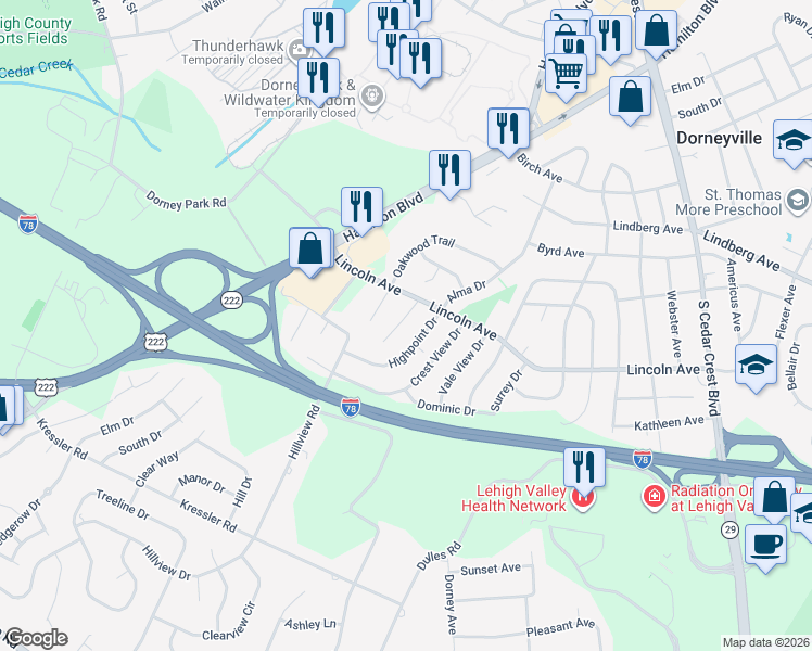 map of restaurants, bars, coffee shops, grocery stores, and more near 3821 Highpoint Drive in Allentown