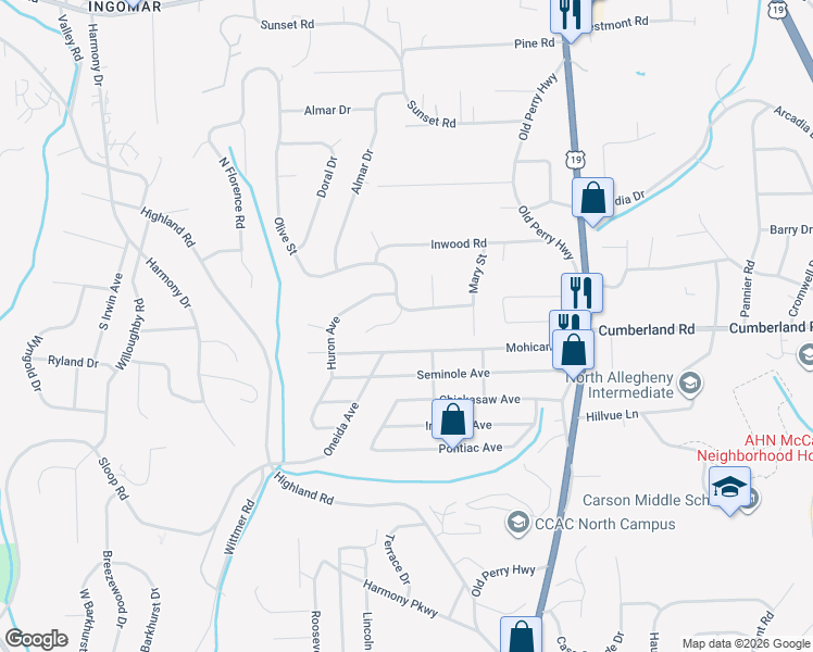 map of restaurants, bars, coffee shops, grocery stores, and more near 467 Troutwood Drive in Pittsburgh